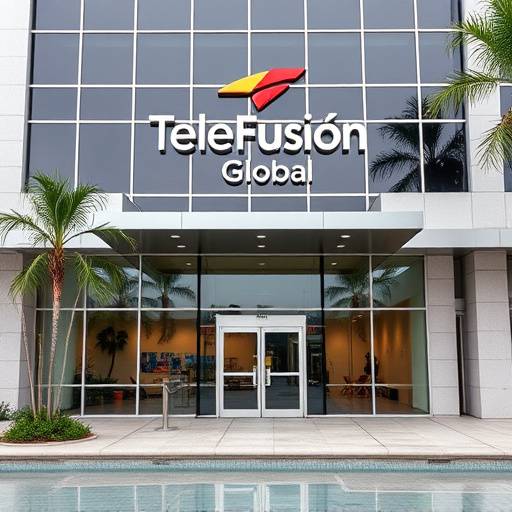 Fachada del edificio de TeleFusi贸n Global en Miami, mostrando la entrada principal y el logo de la estaci贸n.