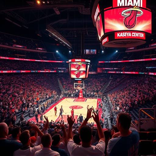 Imagen de un partido de los Miami Heat en el Kaseya Center, con aficionados celebrando un punto.