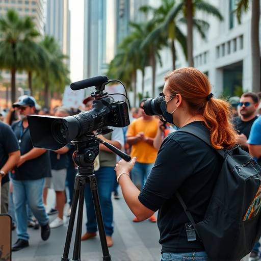 Reportera de TeleFusión Global cubriendo una protesta pacífica en el centro de Miami.